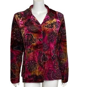 Chicos Velvet Jacket Womens Size L 2 Embellished Long Sleeve Button Up Lined